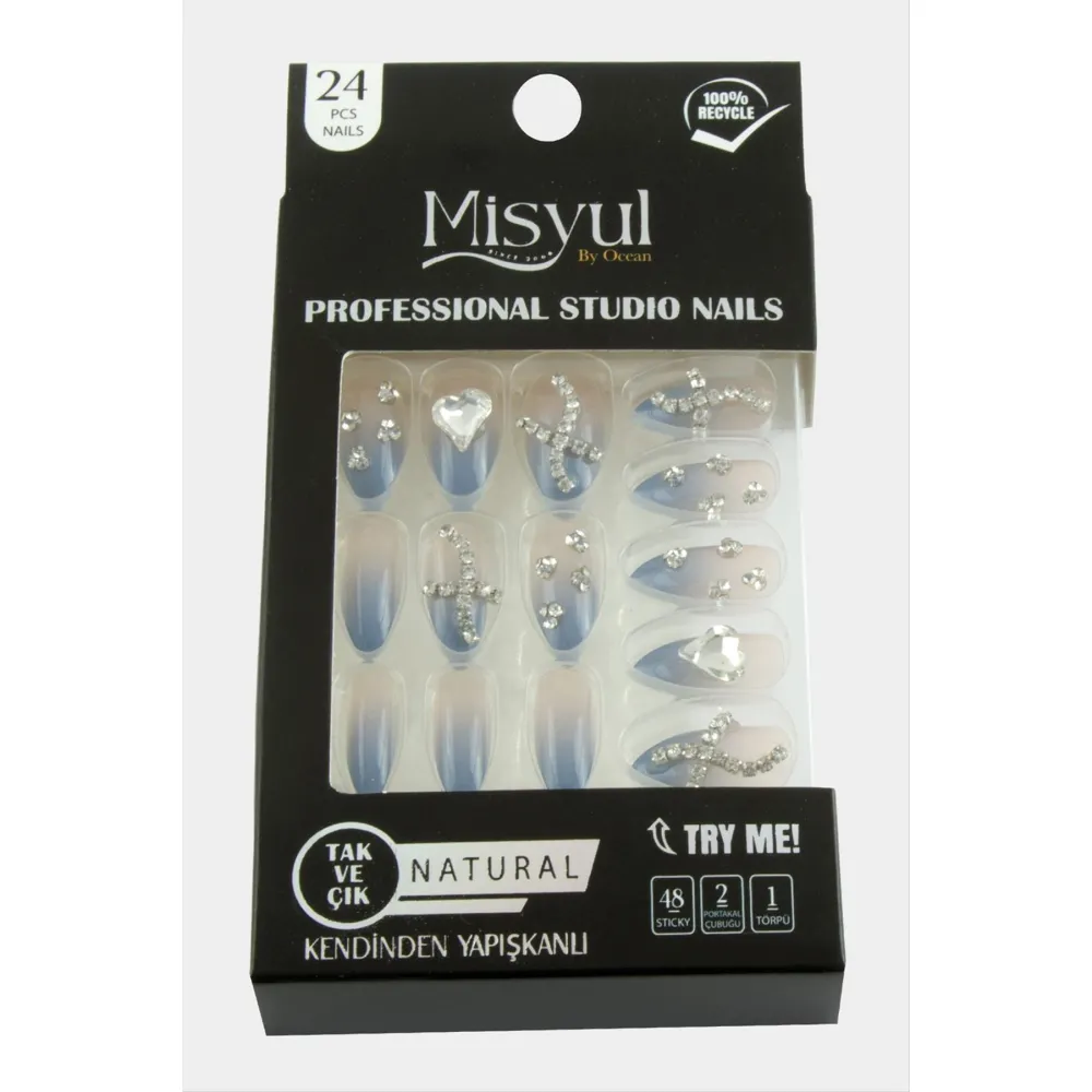 Misyul Taşlı Takma Tırnak 24 Adet-Mavi