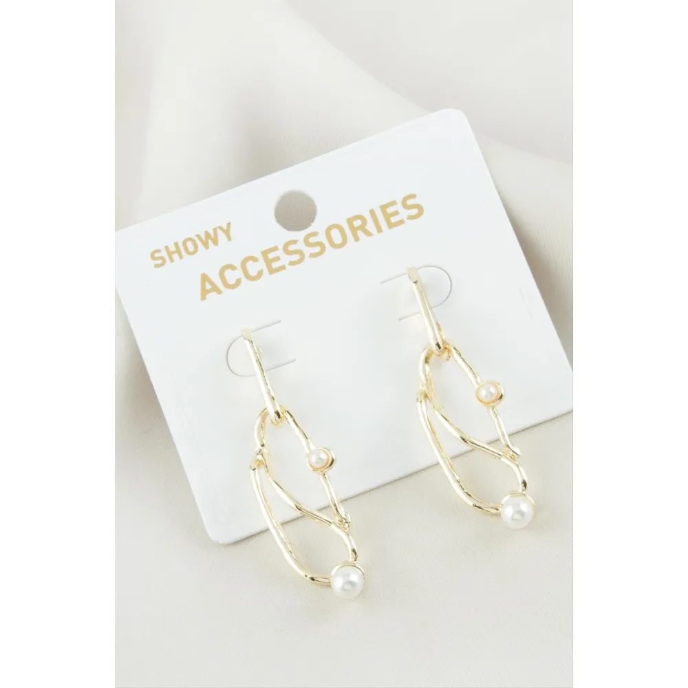 Oval İnci Metal Küpe-Sarı