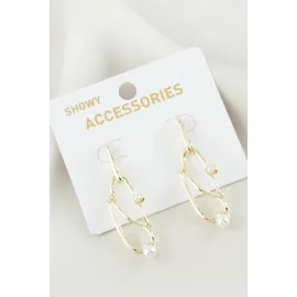 Oval İnci Metal Küpe-Sarı