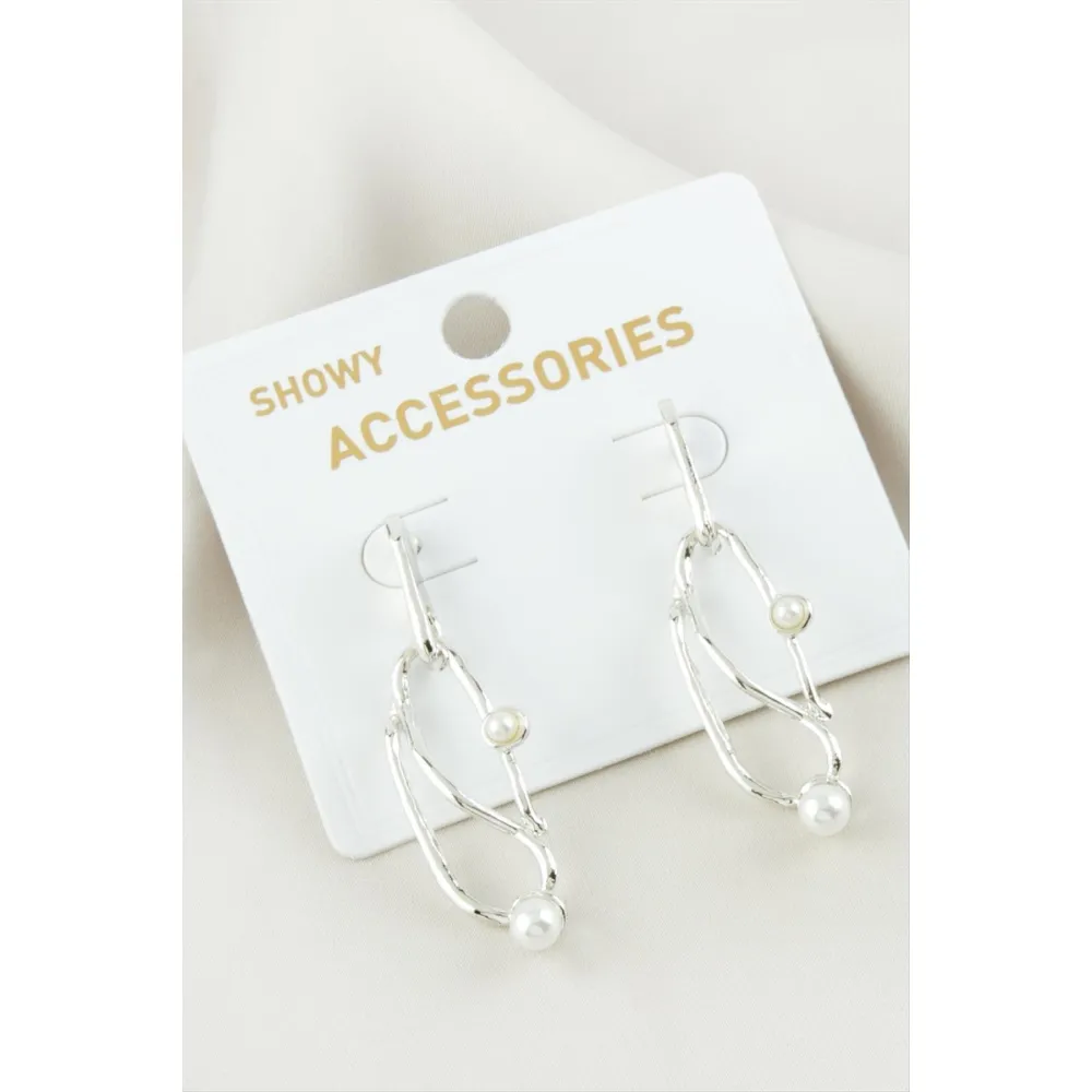 Oval İnci Metal Küpe-Gümüş Rengi