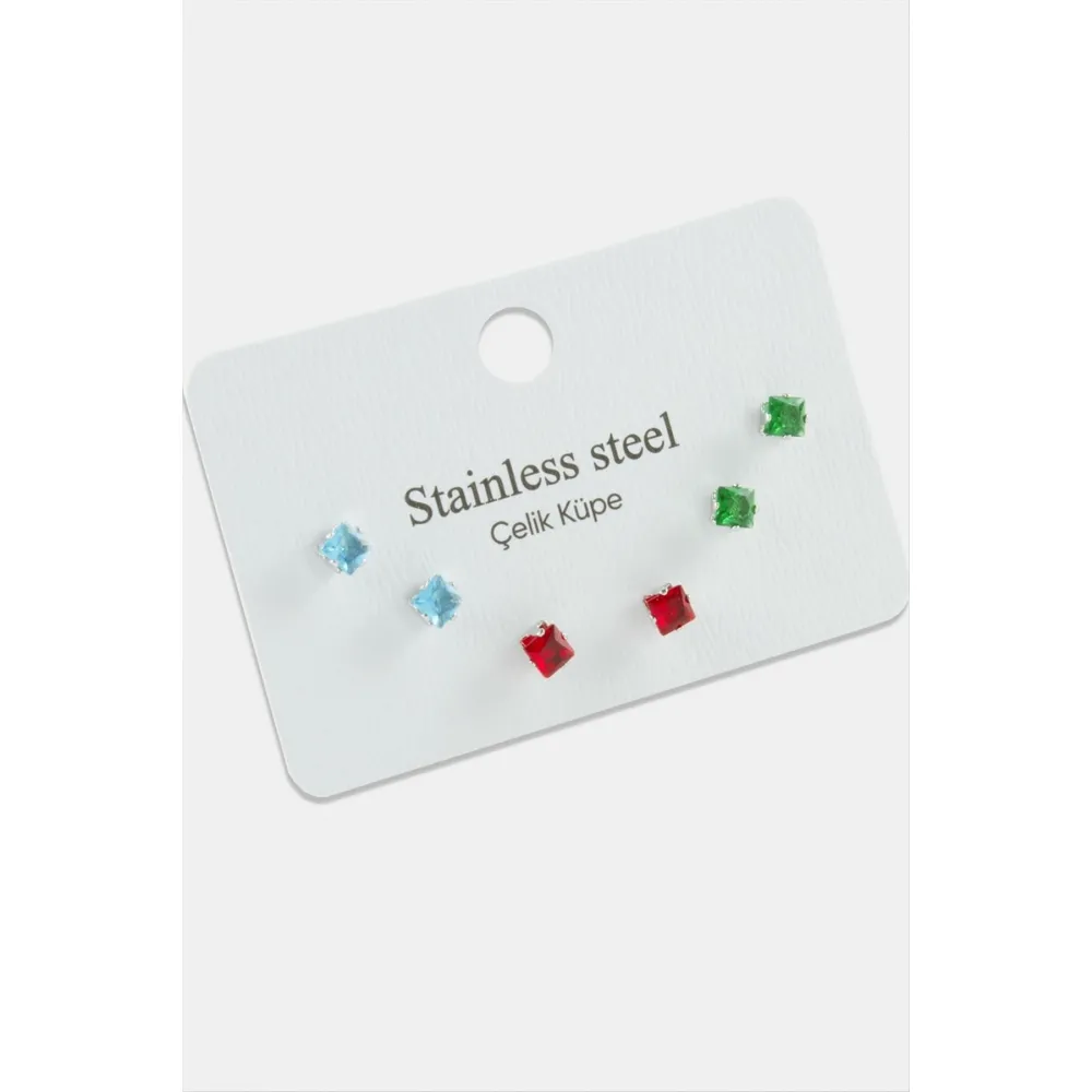 6 Adet Kare Zirkon Tek Taşlı Çelik Küpe-Gümüş Rengi