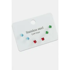 6 Adet Kare Zirkon Tek Taşlı Çelik Küpe-Gümüş Rengi