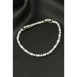 Dikdörtgen Zirkon Taşlı Lüks Kararmaz Bileklik 3X6 mm-Gümüş Rengi