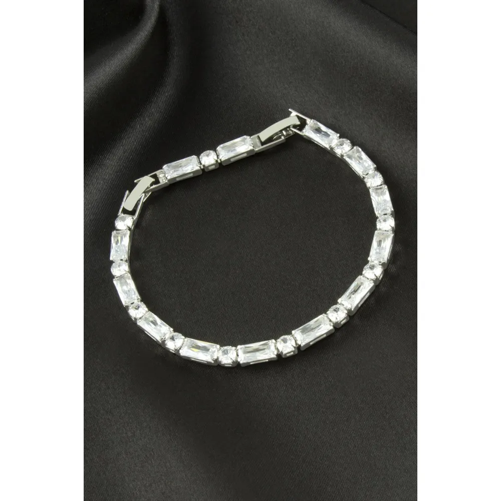 Dikdörtgen Zirkon Taşlı Lüks Kararmaz Bileklik 4X9 mm-Gümüş Rengi