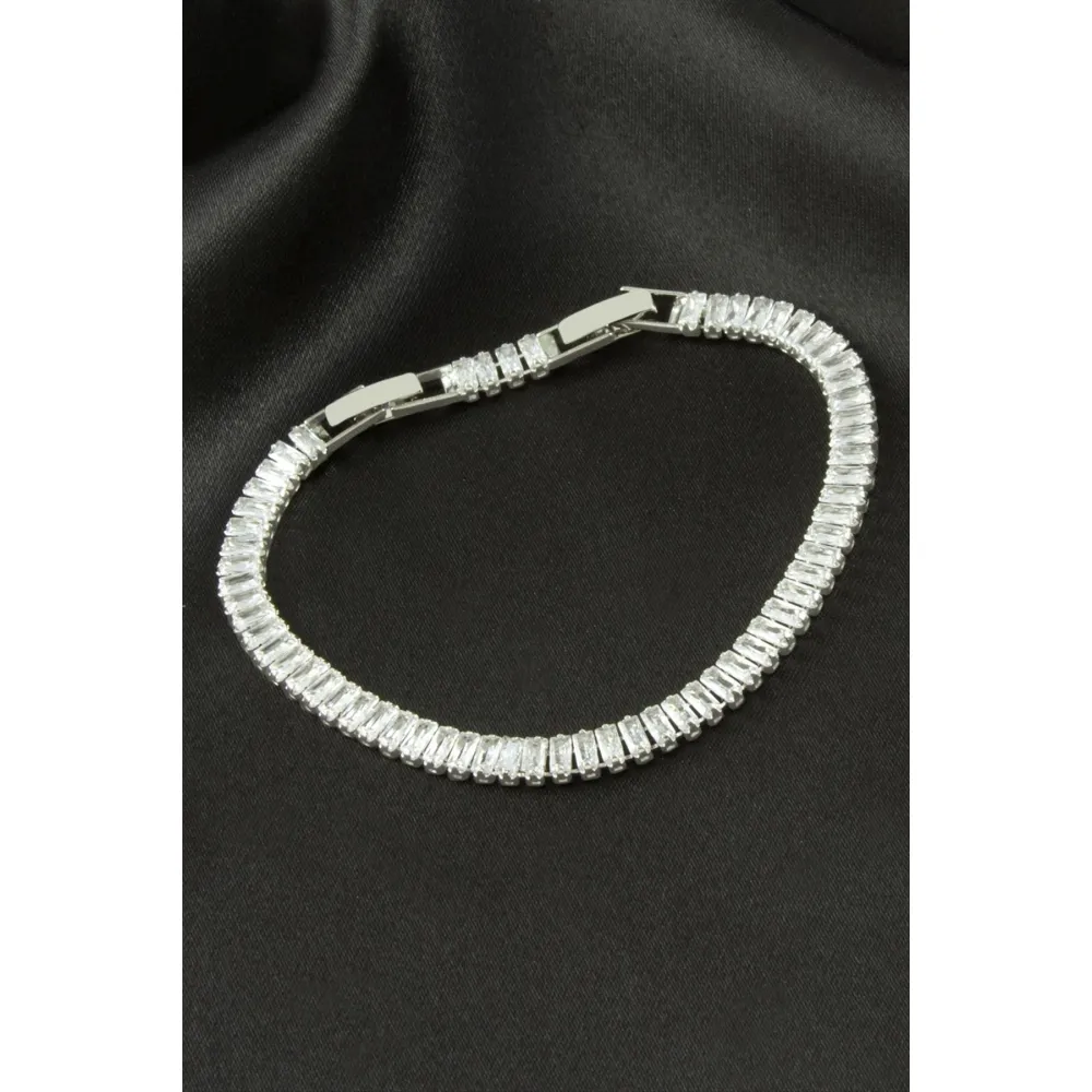 Baget Zirkon Taşlı Lüks Kararmaz Bileklik 5 mm-Gümüş Rengi