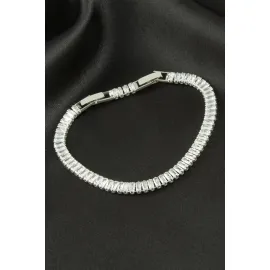 Baget Zirkon Taşlı Lüks Kararmaz Bileklik 5 mm-Gümüş Rengi