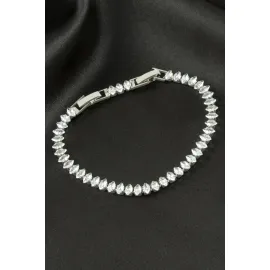 Oval Zirkon Taşlı Lüks Kararmaz Bileklik 5 mm-Gümüş Rengi
