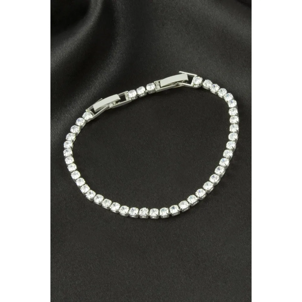 Yuvarlak Zirkon Taşlı Lüks Kararmaz Bileklik 3 mm-Gümüş Rengi