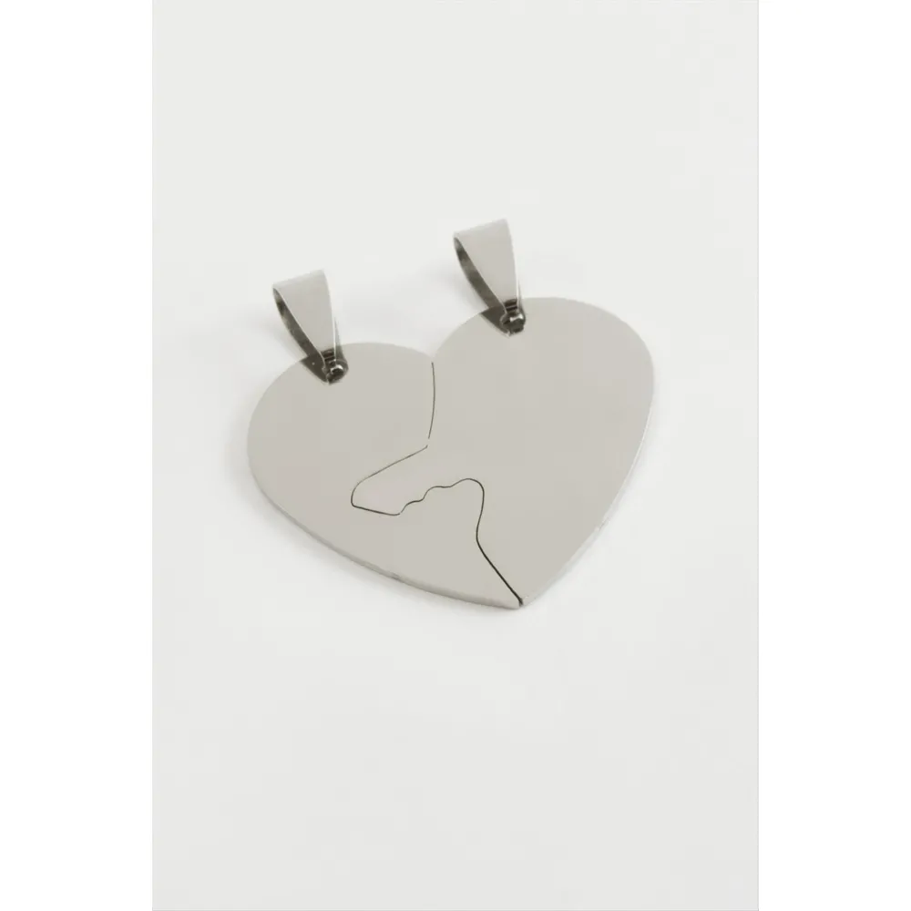 Kalp İsim Yazılabilir Çift Çelik Kolye Ucu 3,5 cm-Gümüş Rengi