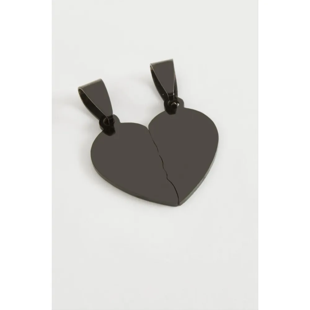 Kalp İsim Yazılabilir Çift Çelik Kolye Ucu 3,8 cm-Siyah