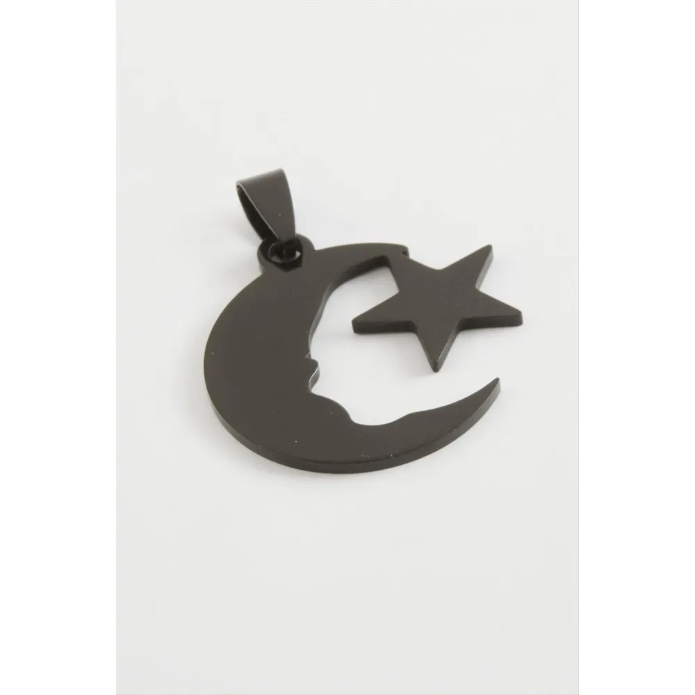 Ay Yıldız Çelik Kolye Ucu 3 Cm-Siyah