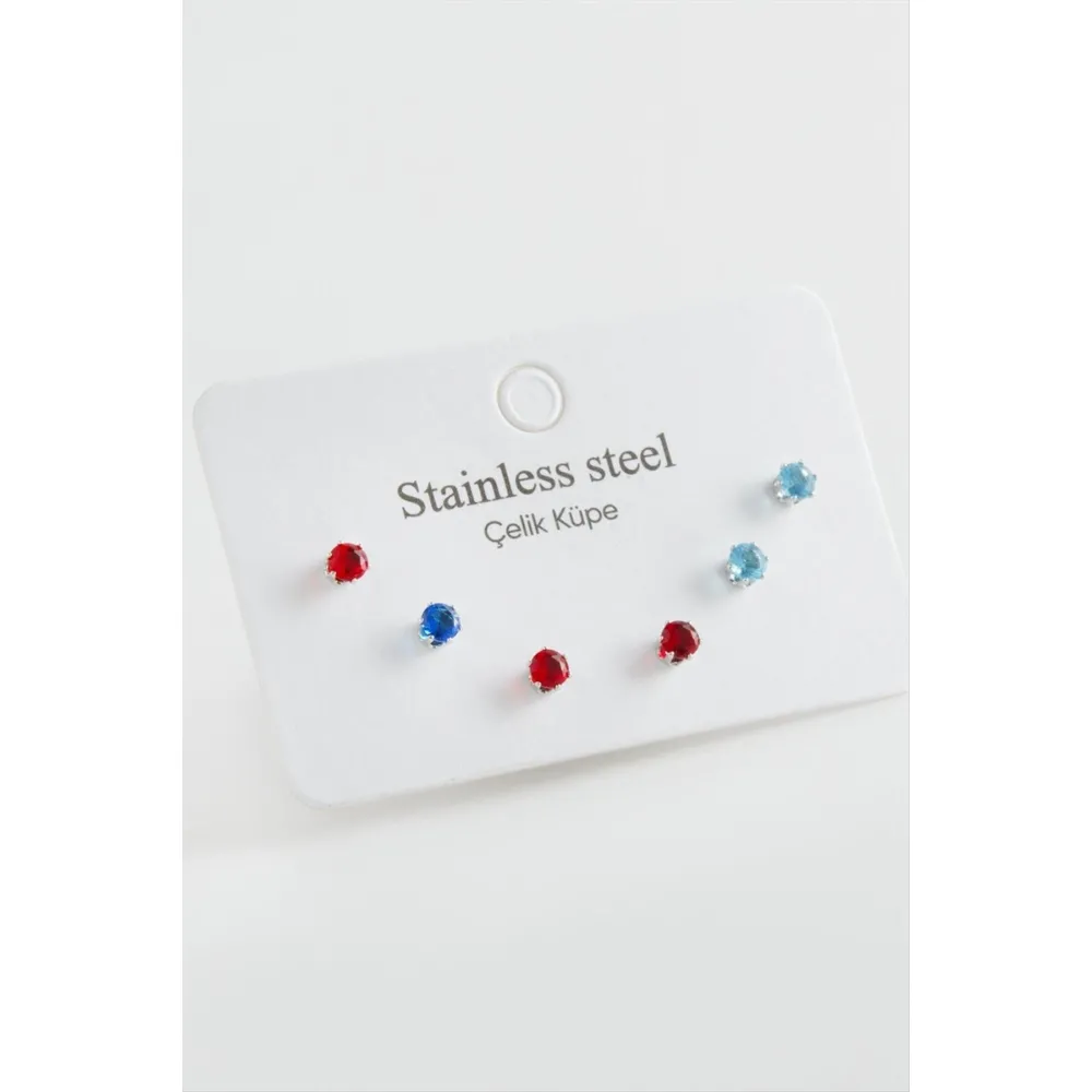 6 Adet Yuvarlak Zirkon Tek Taşlı Çelik Küpe-Gümüş Rengi