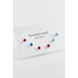 6 Adet Yuvarlak Zirkon Tek Taşlı Çelik Küpe-Gümüş Rengi