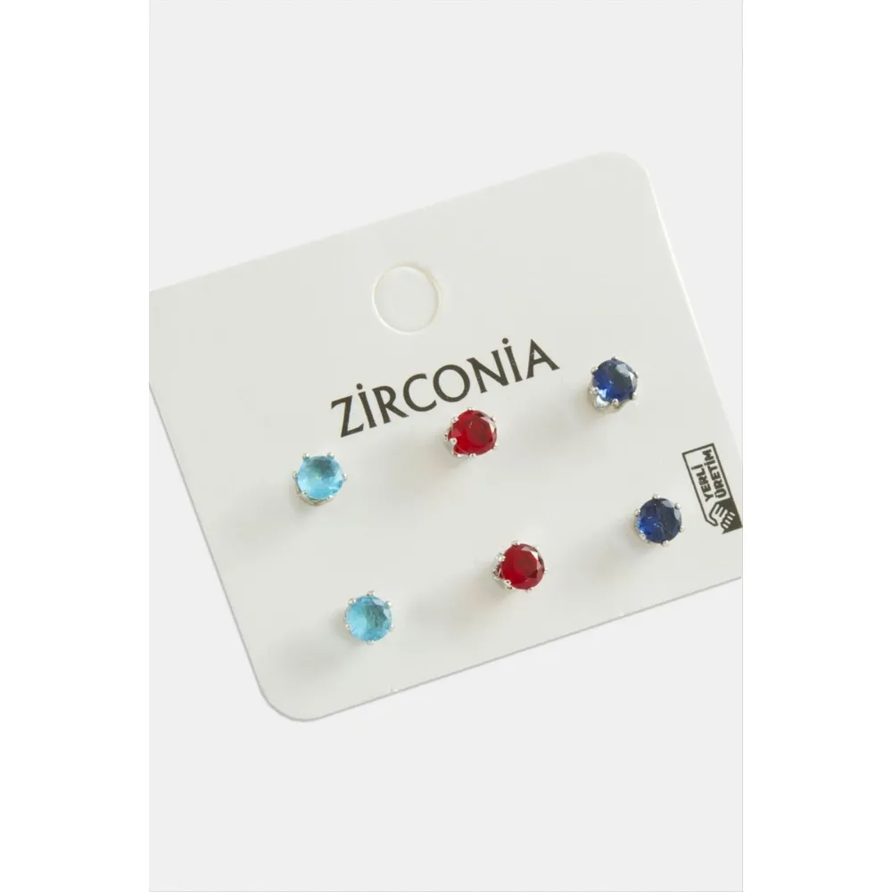 6 Adet Yuvarlak Zirkon Tek Taşlı Küpe-Gümüş Rengi