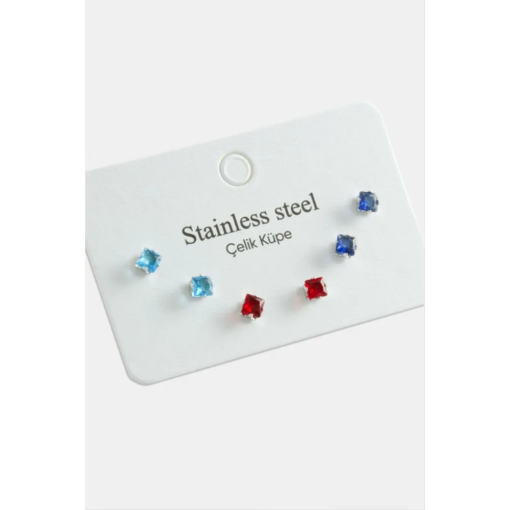 6 Adet Kare Zirkon Tek Taşlı Çelik Küpe-Gümüş Rengi