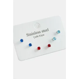 6 Adet Yuvarlak Zirkon Tek Taşlı Çelik Küpe-Gümüş Rengi