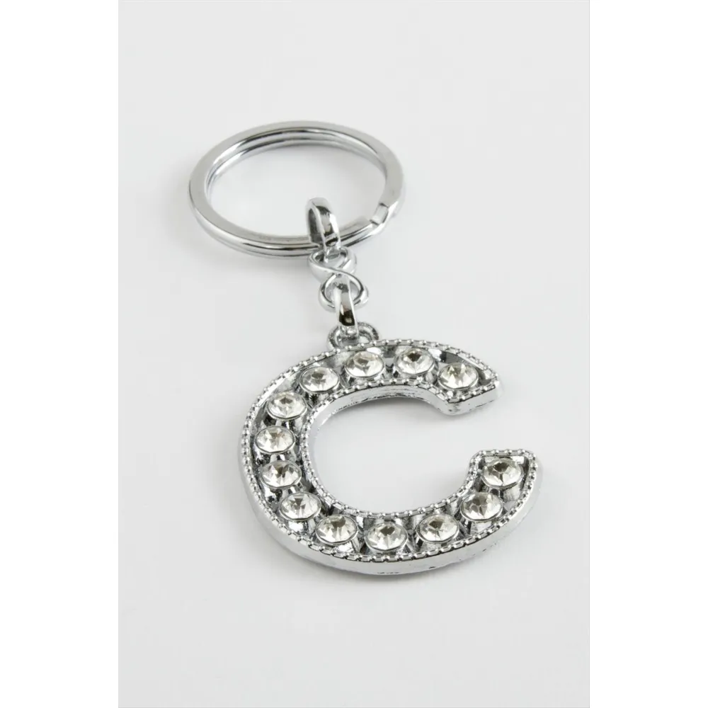 Gümüş Renkli Taşlı Harf Anahtarlık-C