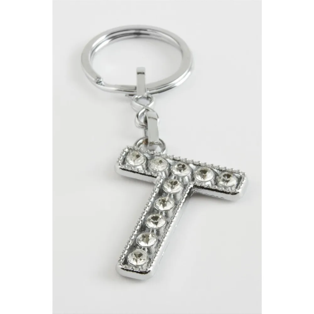 Gümüş Renkli Taşlı Harf Anahtarlık-T