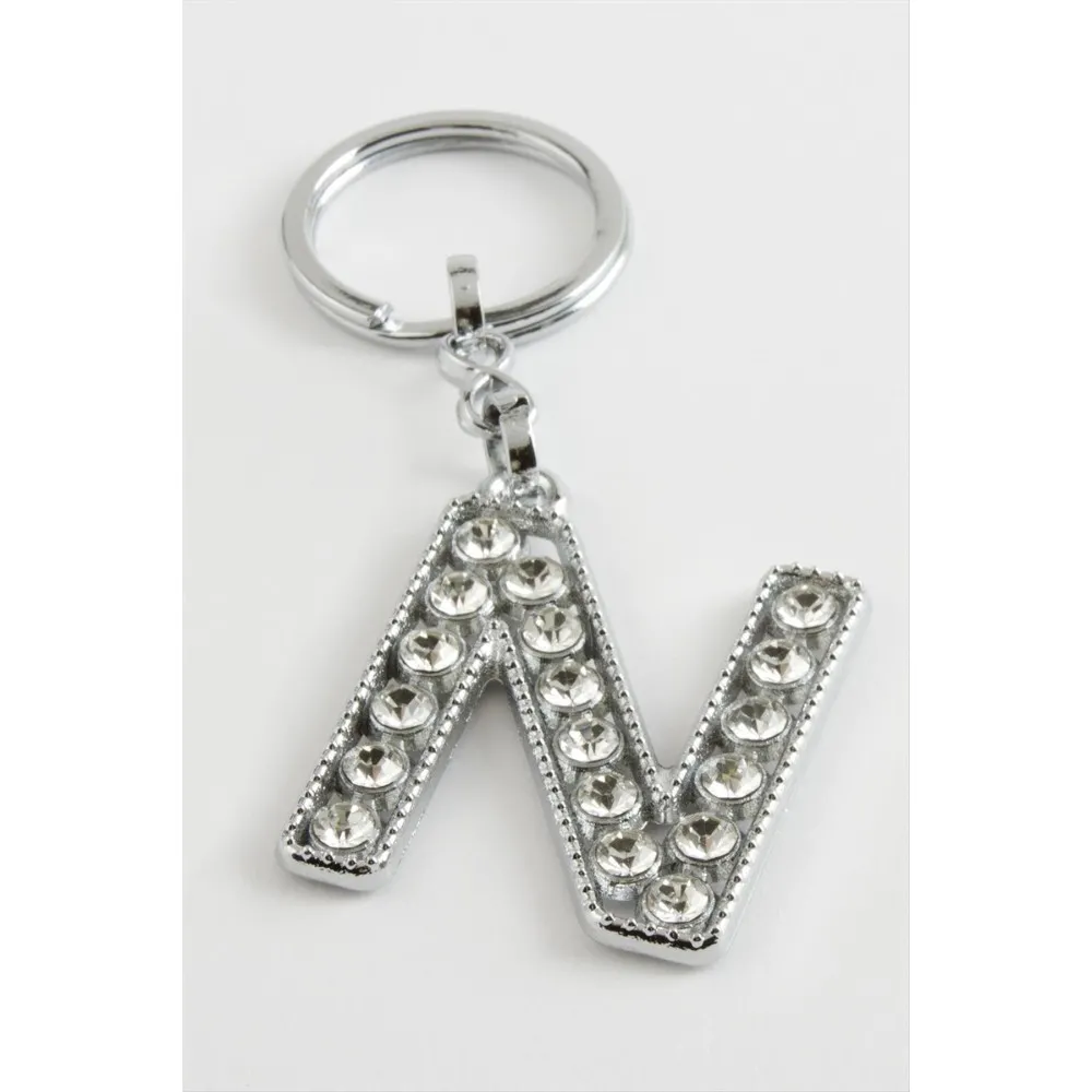 Gümüş Renkli Taşlı Harf Anahtarlık-N
