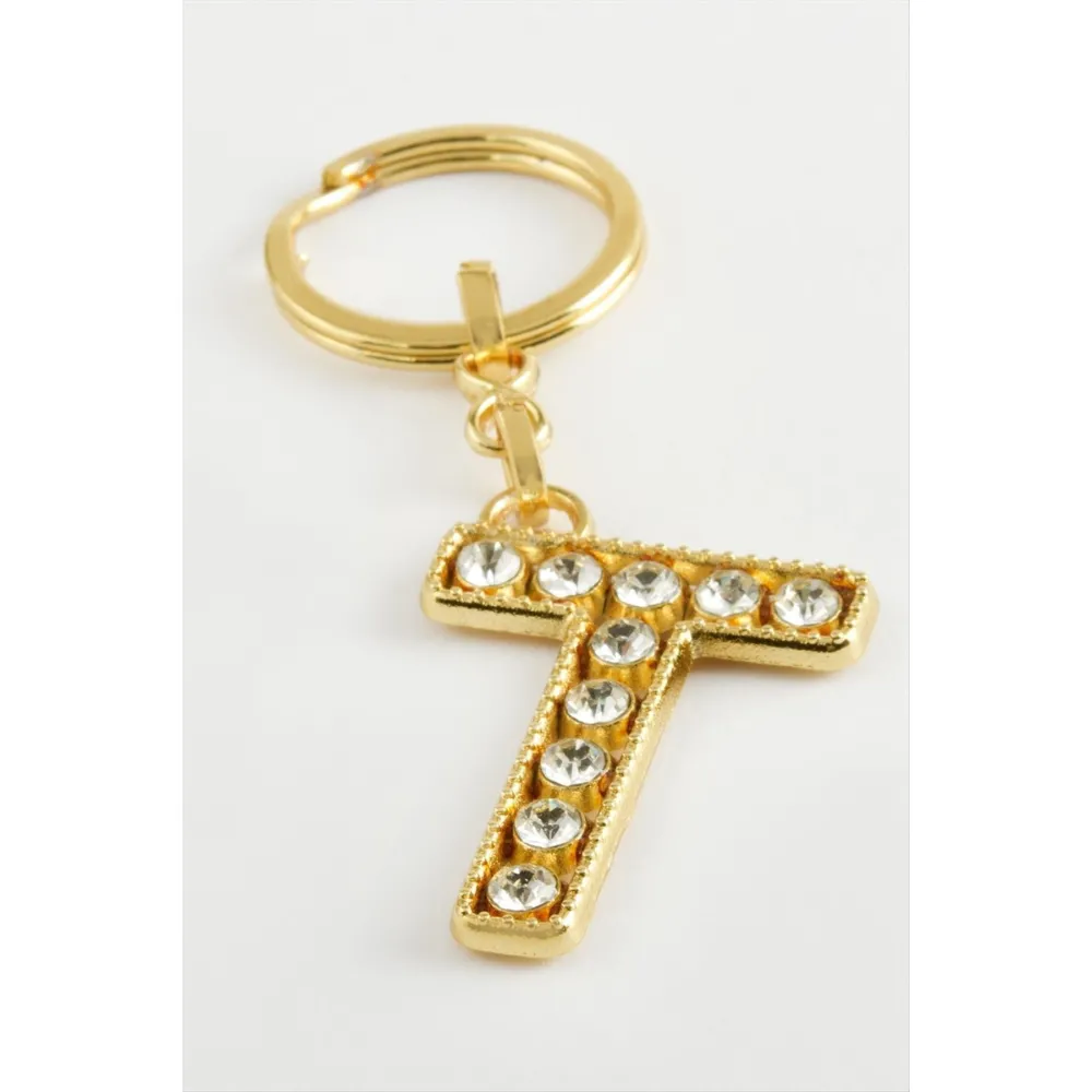 Sarı Renkli Taşlı Harf Anahtarlık-T