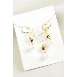 Damla İnci Zirkon Taşlı Set Kolye-Sarı