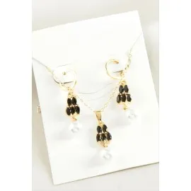 İnci Zirkon Taşlı Set Kolye-Sarı