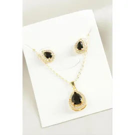 Oval Zirkon Taşlı Set Kolye-Siyah