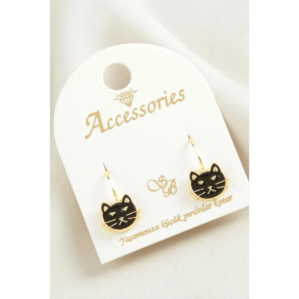 Kedi Mineli Klipsi Küpe-Siyah