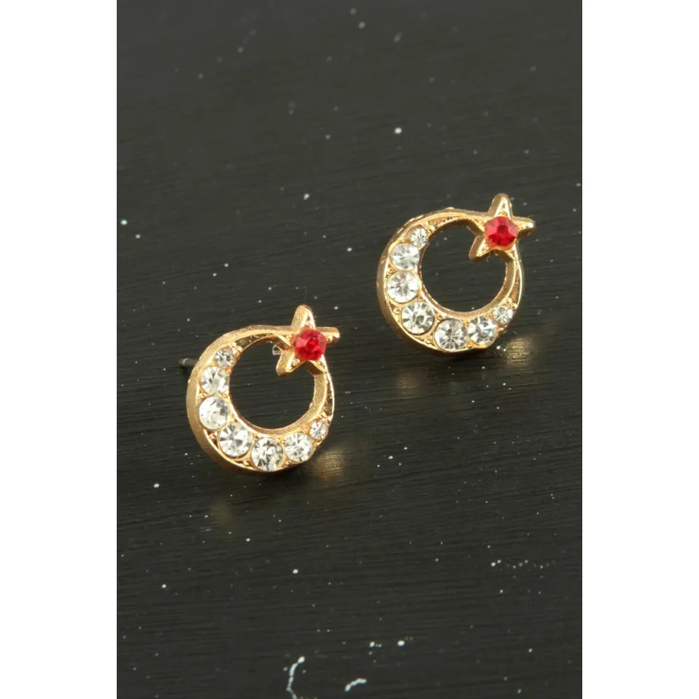 Ay Yıldız Taşlı Minik Küpe-Sarı