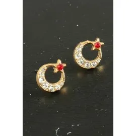 Ay Yıldız Taşlı Minik Küpe-Sarı