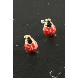 Uğur Böceği Mineli Minik Küpe-Kırmızı