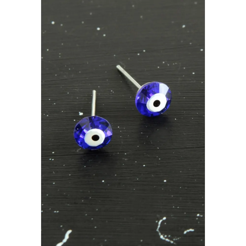 Kristal Taşlı Nazar Mineli Minik Küpe 0,6-Mavi