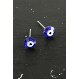 Kristal Taşlı Nazar Mineli Minik Küpe 0,6-Mavi