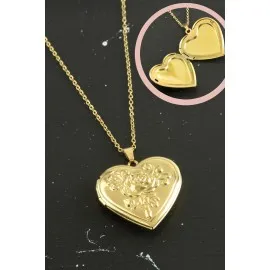 Gül İşlemeli Kalp Kapaklı Çelik Kolye-Sarı