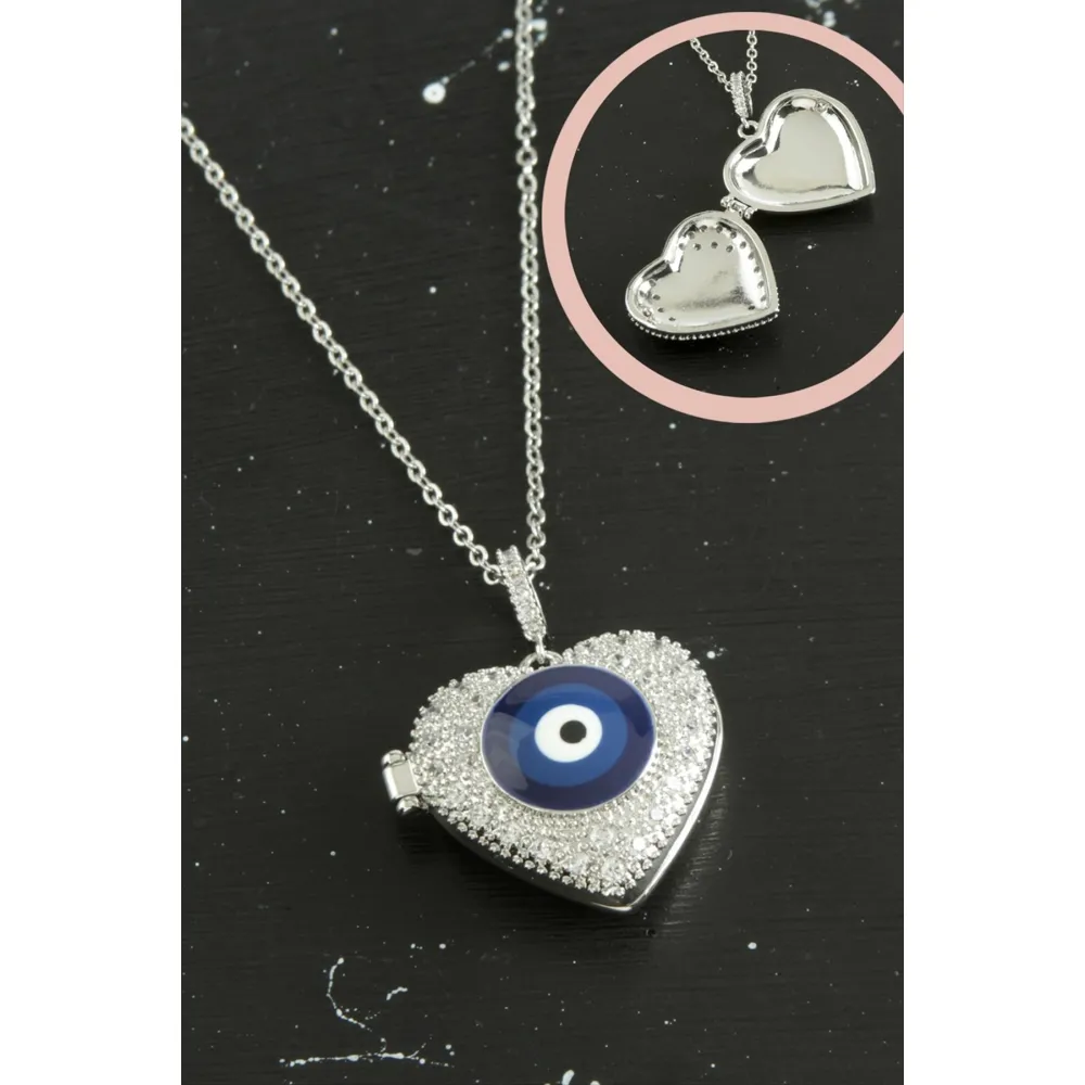 Kalp Nazar Kapaklı Zirkon Taşlı Çelik Kolye-Gümüş Rengi