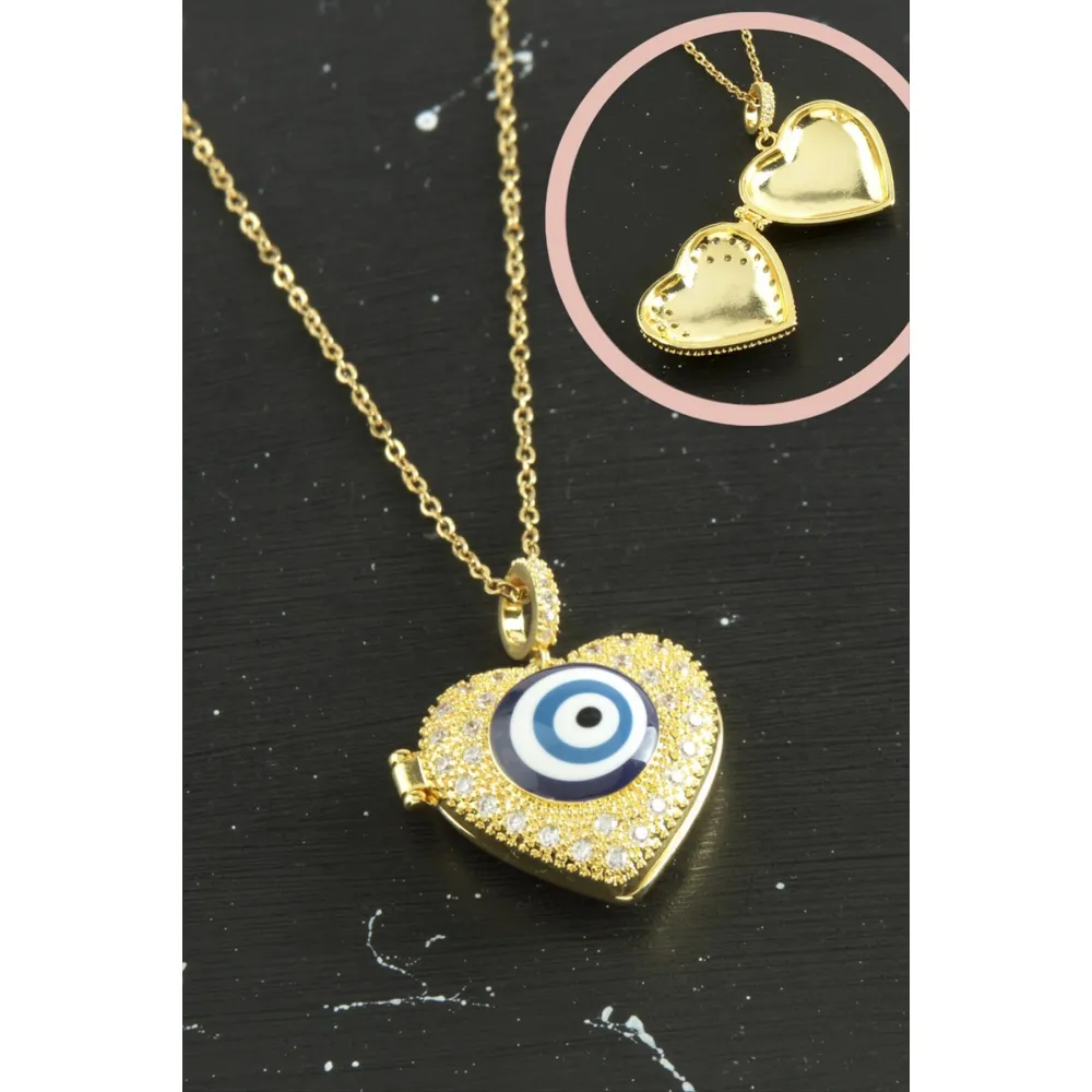 Kalp Nazar Kapaklı Zirkon Taşlı Çelik Kolye-Sarı