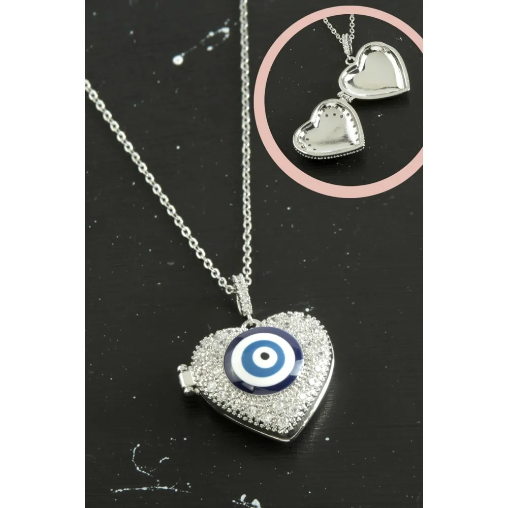 Kalp Nazar Kapaklı Zirkon Taşlı Çelik Kolye-Gümüş Rengi