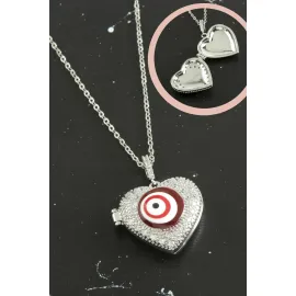 Kalp Nazar Kapaklı Zirkon Taşlı Çelik Kolye-Gümüş Rengi