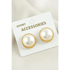 Yuvarlak Trend İnci Küpe-Sarı