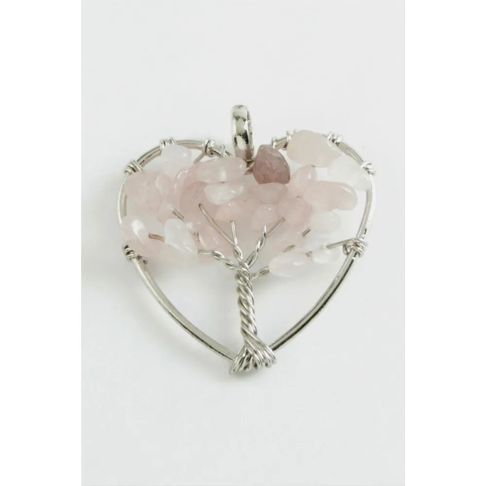 Pembe Kuvars Kalp Doğaltaş Kolye Ucu-Açık Pembe