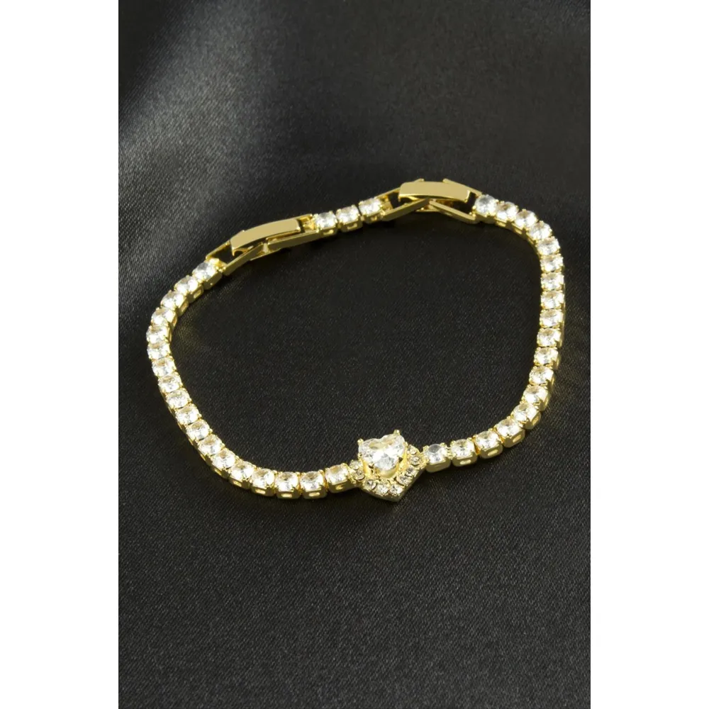 Kalp Zirkon Taşlı Çelik Bileklik-Sarı