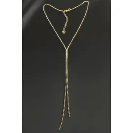 Çift Şerit Taşlı Çelik Kolye 2 mm-Sarı