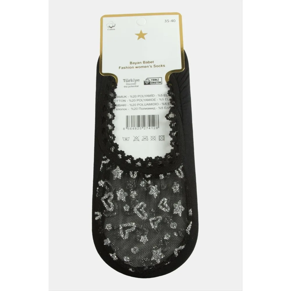 Kalp Dantel Babet Çorap-Siyah