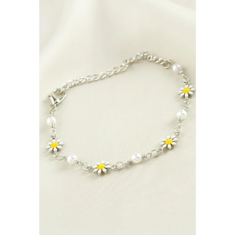 Papatya İnci Mineli Bileklik-Gümüş Rengi