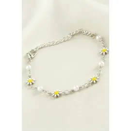 Papatya İnci Mineli Bileklik-Gümüş Rengi