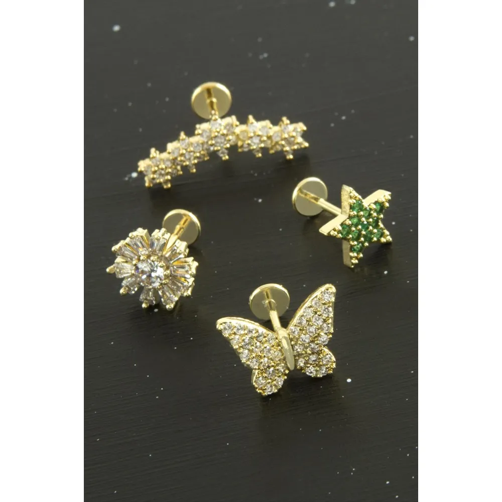 Tragus Zirkon Taşlı  Piercing 1 Adet-Gümüş Rengi