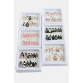 Rose Taşlı Takma Tırnak-Renkli