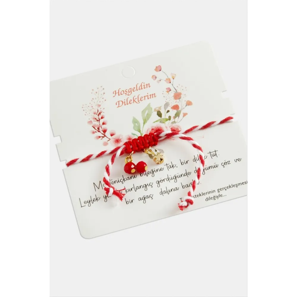 Yonca Kristal Marteniçka Makrome İp Bileklik-Kırmızı