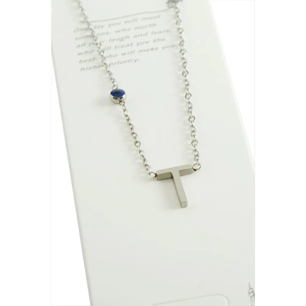 Gümüş Renkli Harfli Çelik Kolye-T