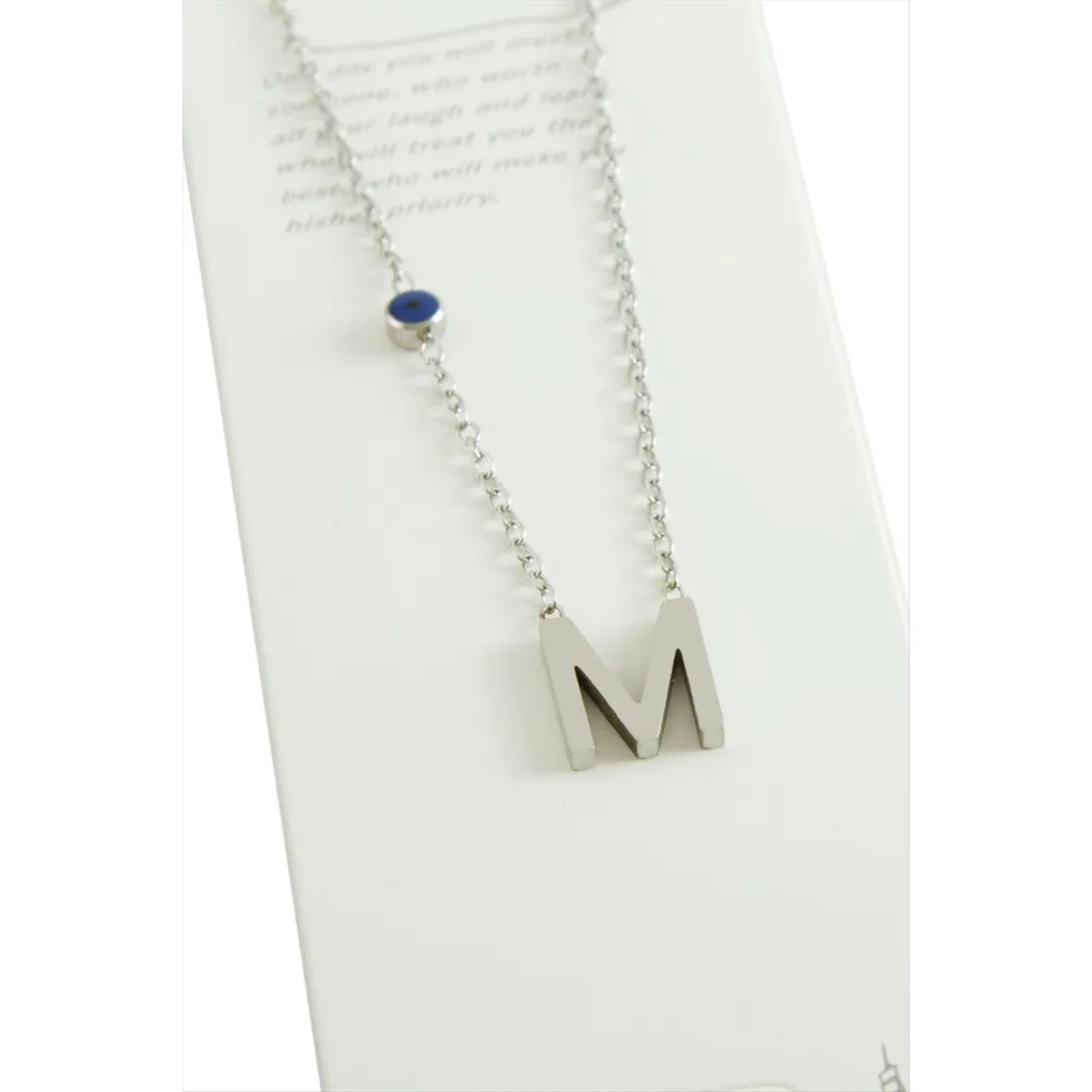 Gümüş Renkli Harfli Çelik Kolye-M